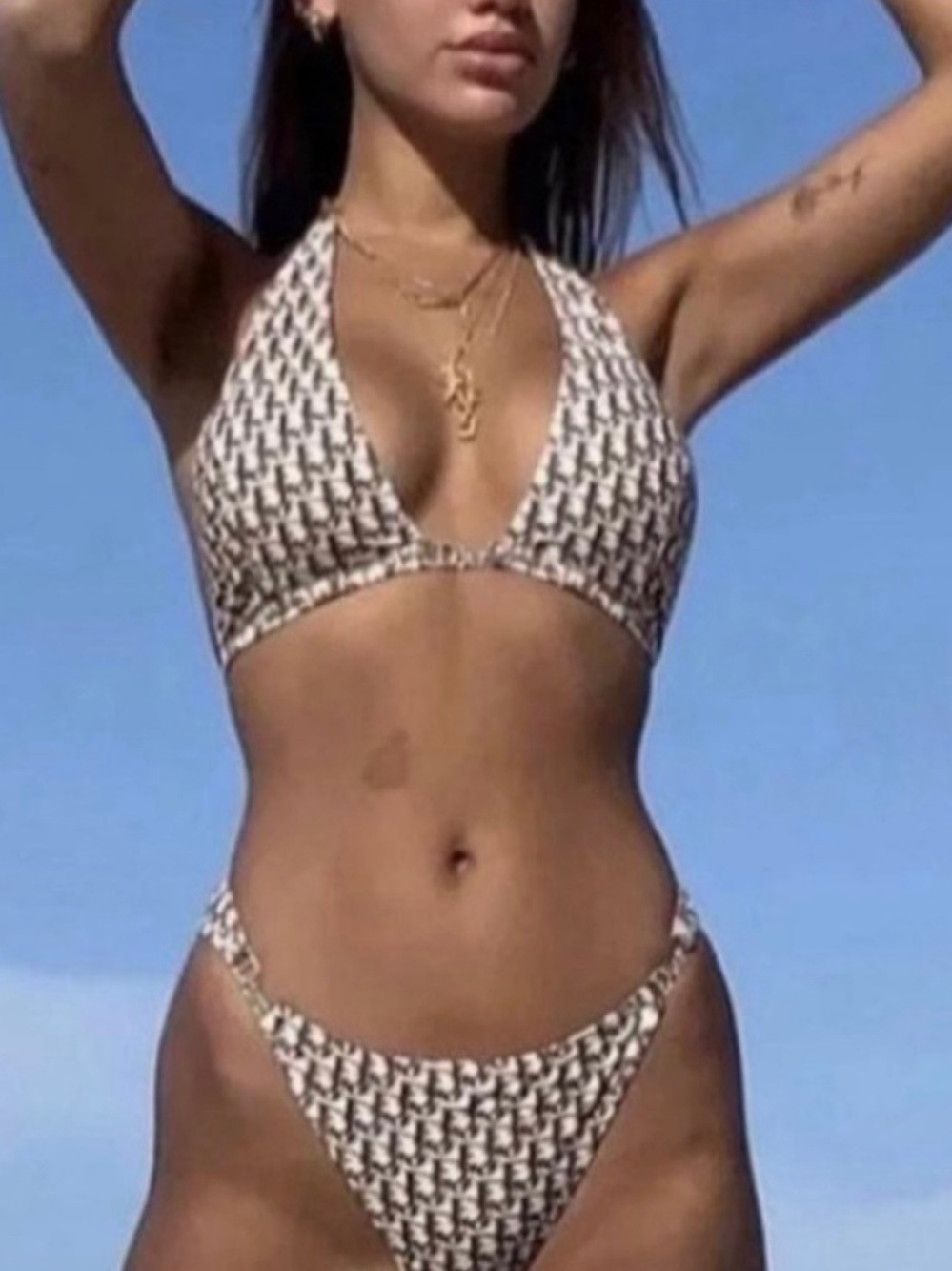 Christian Dior Beige & Brown Monogram Bikini Set with Rhinestone Accents, Size S